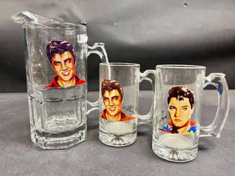 Elvis Glass Pitcher And Collector Mugs Set