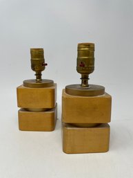 Pair Of Vintage Blonde Wood Cubist Table Lamps - Need Rewiring