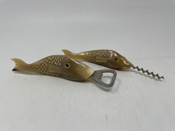 Vintage Carved Horn Koi Fish Bottle And Wine Openers