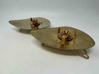 2 Mid Century Modern Brass Triangular Raised Candlestick Holders