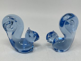 Pair Of Blue Glass Squirrel Paperweight Figures