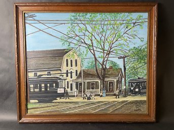 Signed Primitive Painting Town With Cable Cars - 27' X 23'