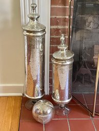 Group Of 3 Pieces Of Mercury Glass 2 Tall Canisters 1 Sphere