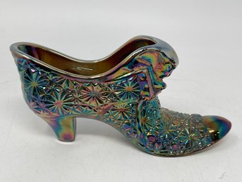 Carnival Glass Fenton Slipper Shoe With Cat Head Daisy And Button