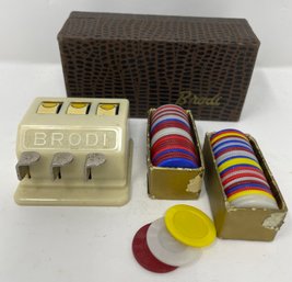 Vintage 1960s Brodi Miniature Slot Machine And Poker Chips Made In USA