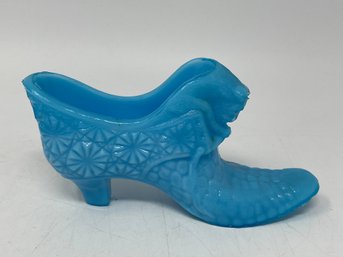 Fenton Daisy And Button Blue  Slag Glass Slipper Shoe Cat Head