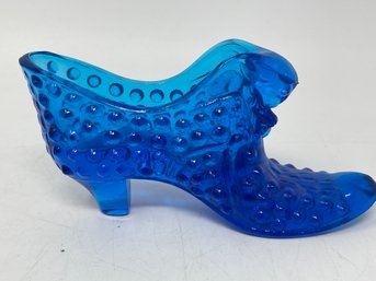 Fenton Hobnail Blue Glass Slipper Shoe Cat Head