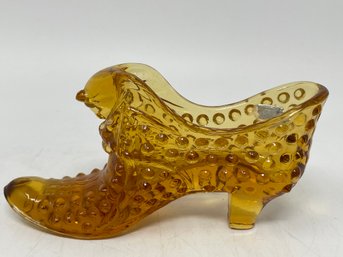 Fenton Hobnail Amber Glass Slipper Shoe Cat Head
