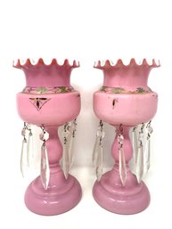 Pair Of Pink Victorian Mantle Lusters With Extra Crystals