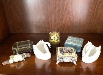 Collection Of Trinket Boxes Music Box Porcelain Swans And More