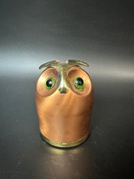 Vintage Coppercraft Guild Copper Owl Coin Bank With Green Glass Eyes