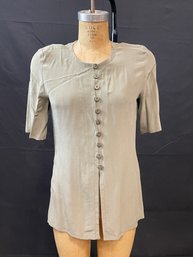 Vintage FrancessErita Greige Button Up Short Sleeve Silk Blouse