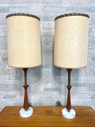 Mid Century 42' Wood And Marble Lamp With Shade