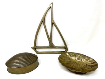 Mid Century Brass Objects Shell Trinket Dish Sail Boat Trivet