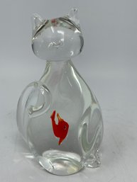 Large Mid Century Glass Cat With Fish Belly Paperweight