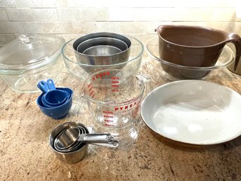 Kitchen Lot Including Hall Pottery, Pyrex, Mixing Bowls, Measures And More