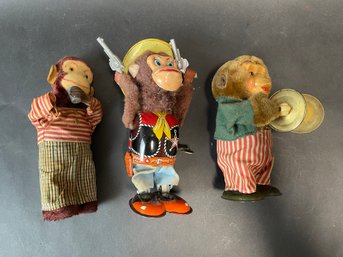 3 Vintage Monkey Toys Wind Up