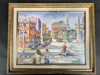 Oil On Canvas Painting Of Main St In New London, Ct By Hugh Hunsinger