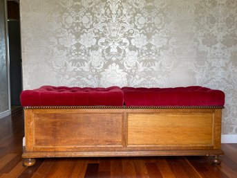 Victorian Lift Top Tufted Velvet Paneled Oak Bench