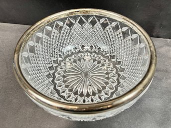 Large Vintage Cut Glass Bowl With Silver Rim