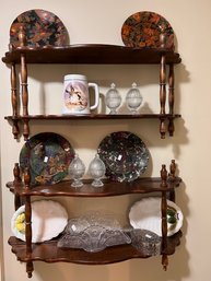 Lot Of Home Decor Including Two Wooden Display Shelves And Contents