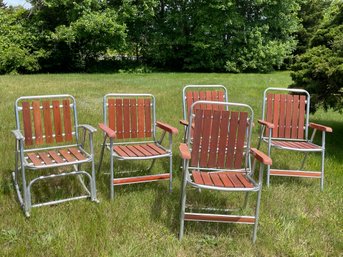 1960s Retro Aluminum And Redwood Folding Lounge Lawn Chairs