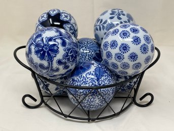 Basket Full Of Decorative Blue & White Ceramic Balls