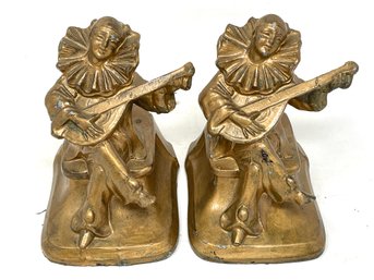 Vintage Cast Metal Clown Playing Mandolin Bookends