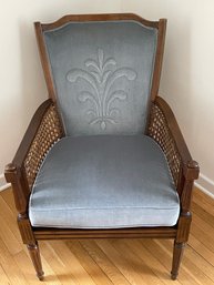Slate Blue Velvet Arm Chair W/ Caned Details On Sides