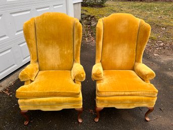 Pair Of Vintage Mustard Velvet Wingback Chairs
