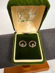 Irish Claddagh Earrings Emeralds Gold