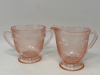 Pink Depression Glass SUGAR & CREAMER Dish Dogwood Blossom