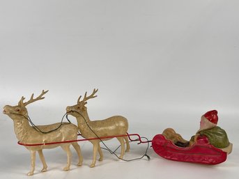 Vintage Celluloid Santa Sleigh And Reindeer Figure