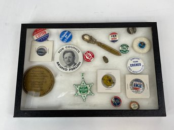 Display Case With Contents Including Vintage Buttons And Other Collectibles