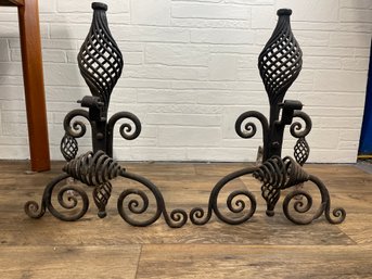 Pair Of Vintage Andirons Hand Hammered Wrought Iron Spiral Finials