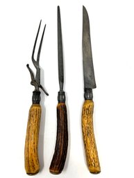 Set Of 3 Bone Handled Carving Tools With Sterling Collars