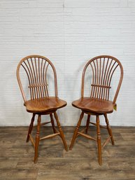 Pair Of Wooden Counter Stools - Swivel Seat