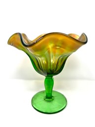 Antique Northwood Green Rainbow Carnival Glass Compote