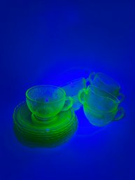 Set Of Seven Uranium Glass Cups And Saucers