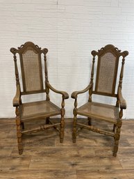 Pair Of Vintage Wood And Cane Arm Chairs