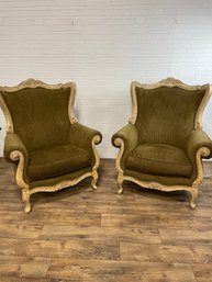 Pair Of Upholstered Carved Frame Arm Chairs By Drexel Heritage