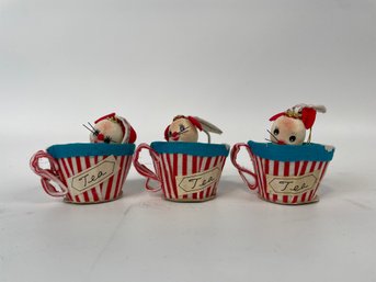 Vintage Ornament Lot Of Three Mice In Striped Teacups