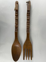 Large Carved Wooden Spoon And Fork
