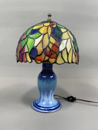 Stained Glass Table Lamp With Pottery Base In Working Condition