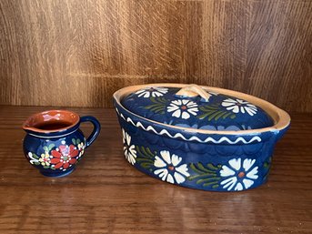 French Pottery Covered Dish And Creamer