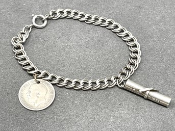 Sterling Bracelet With (2) Charms Including Diploma And English Six Pence