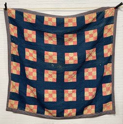 19th Century Early Nine Patch With Indigo Blue Ground Quilt