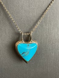 Sterling Turquoise And Onyx Heart Pendant On Sterling Chain Necklace