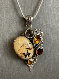 Sterling Necklace With Multi Stone Artisan Made Pendant