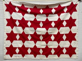 Antique Red And White Star Quilt - Signed